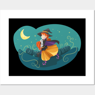 Halloween Young Witch & Cat Posters and Art